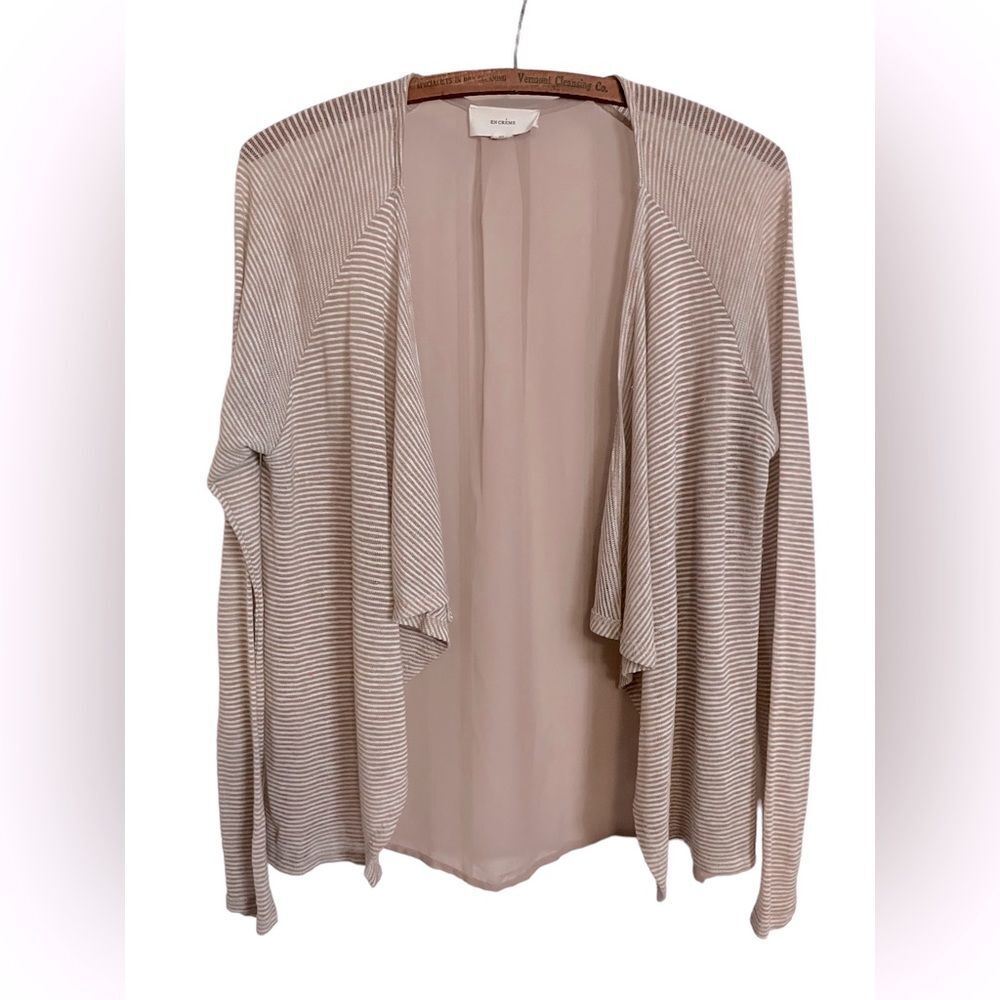 En Crème Sweater Size L Drape Cardigan Stipes Minimalist Off White Flecks Sheer